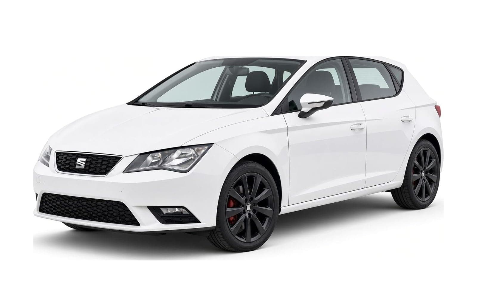 White Seat Leon with dark wheels, front three-quarter view